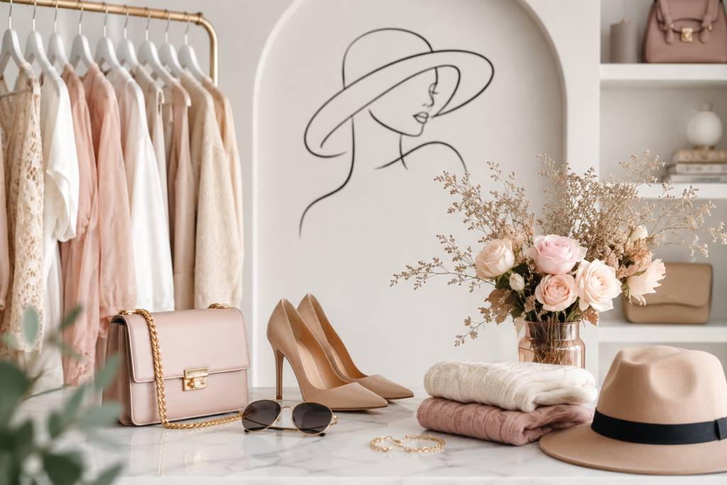 About us Modern fashion lifestyle scene featuring stylish clothing, handbags, shoes, accessories, and elegant wardrobe essentials representing the Modenza Style fashion blog.