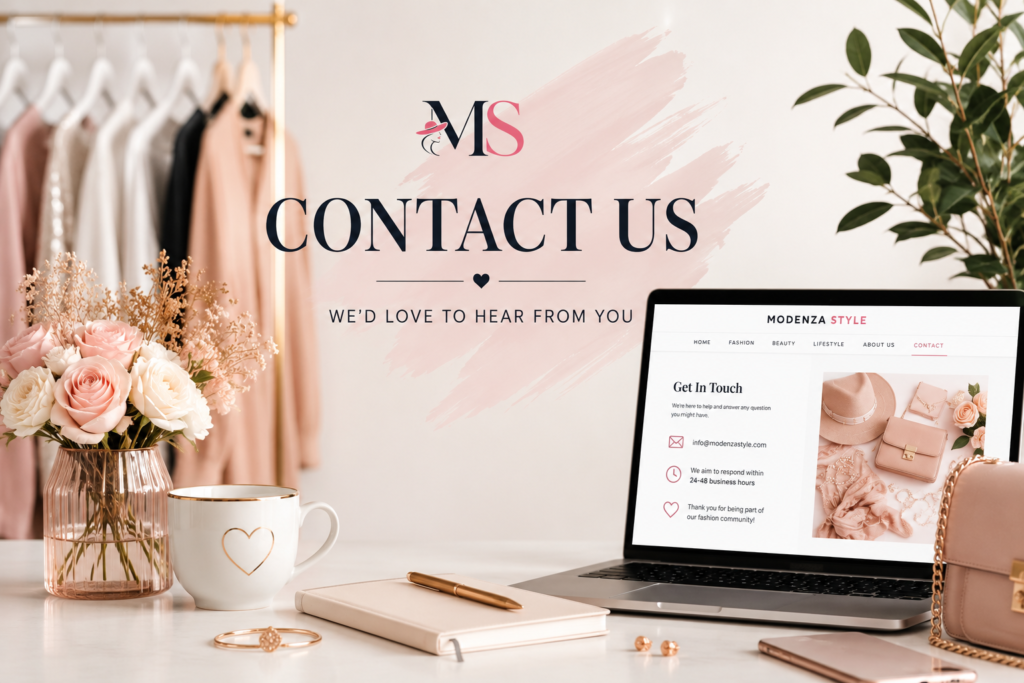 Contact Us Modern fashion workspace featuring stylish clothing, accessories, laptop, and elegant office setup representing the Contact Modenza Style page.