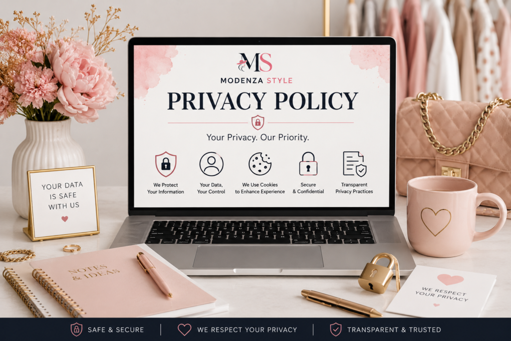 Elegant fashion-inspired workspace with a laptop, stylish accessories, and a secure privacy concept representing the Modenza Style Privacy Policy page.