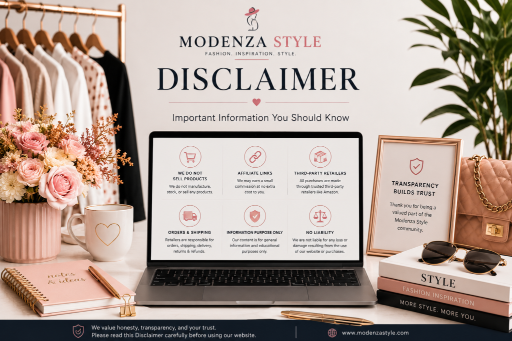 Disclaimer Elegant fashion-themed workspace with a laptop, stylish accessories, and a disclaimer concept representing the Modenza Style Disclaimer page.