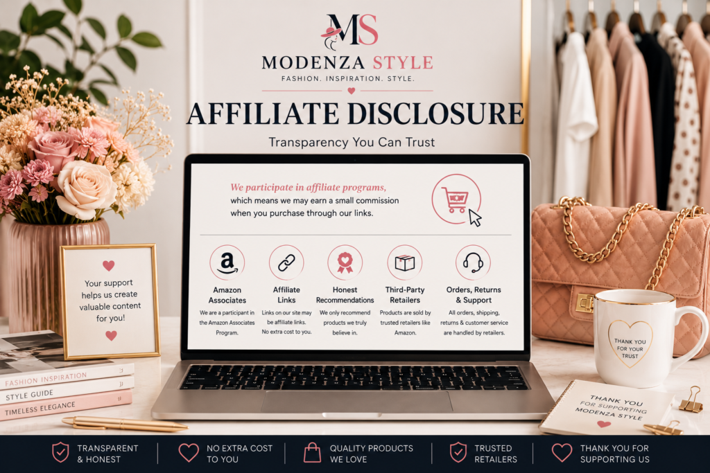 Affiliate Disclosure Fashion-inspired workspace with a laptop, stylish accessories, and an affiliate disclosure concept representing the Modenza Style Affiliate Disclosure page.
