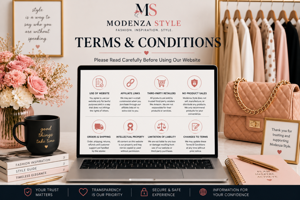 Modern fashion-inspired workspace with a laptop, stylish accessories, and legal document concept representing the Terms & Conditions page of Modenza Style.