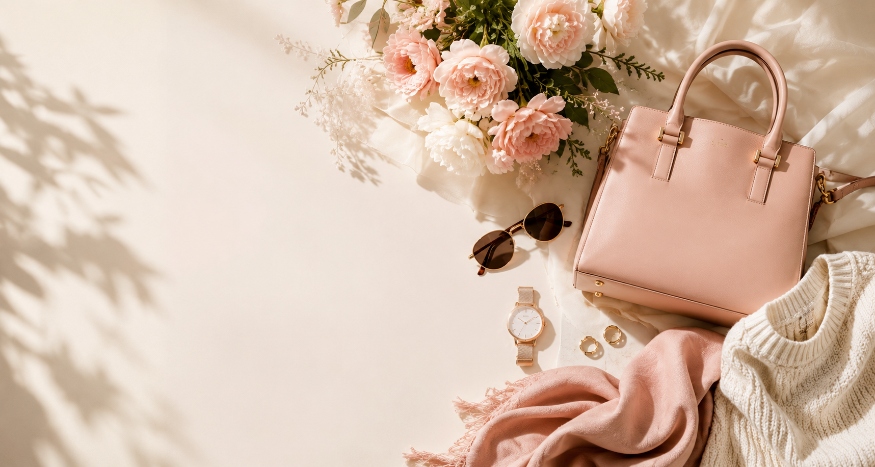Elegant flat lay featuring a blush pink handbag, stylish fashion accessories, flowers, sunglasses, and neutral clothing with copy space for a fashion website hero banner.